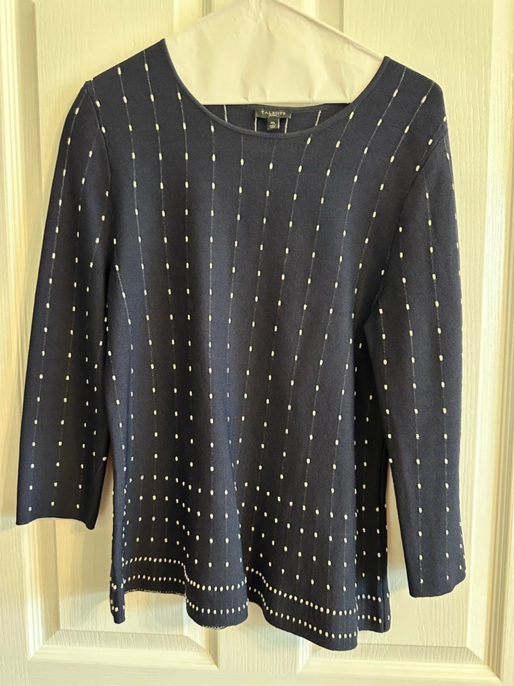 Talbots Navy Knit Top with White Dot Accents